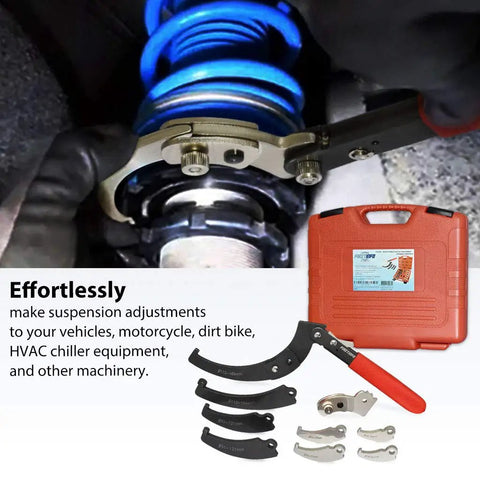 11 Piece Hook And Pin Spanner Wrench Set With Changeable Heads From 3/4 To 6 1/2 Inch in use on suspension with red case