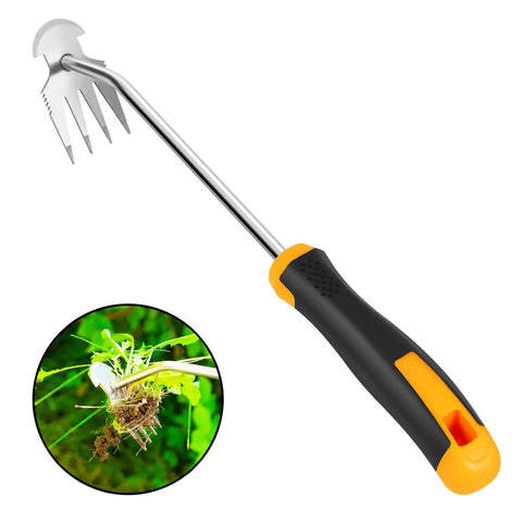 Uproot Like a Pro Hand Held Weeder Puller Tool With Rubber Grip Four Teeth Stainless Steel Weed Remover pulling weeds from garden