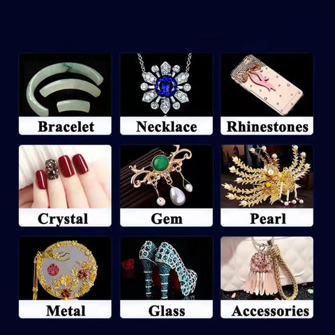 Rock Solid Jewelry Glue For Crystals And Rhinestones Instant Bond Adhesive For DIY Jewelry Making, collage of bracelets, necklaces, and gems.