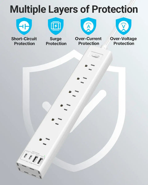 360 Degree Mountable Surge Protector Power Strip With Six Foot Cord Six Electrical Outlets And Four USB Ports Two USB C And Two USB A Flat Plug Extension For Under Desk Wall Or Corner Mount White Finish, white