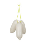 Four white hanging buoys tied with yellow string, not the Gear Tie Mega Rubber Twist Tie 32 Inch Bright Orange.