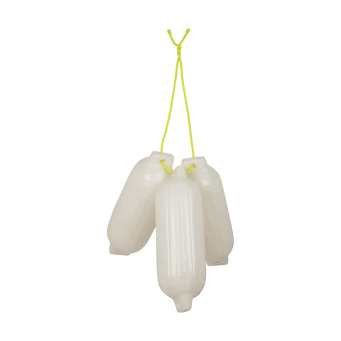 Four white hanging buoys tied with yellow string, not the Gear Tie Mega Rubber Twist Tie 32 Inch Bright Orange.
