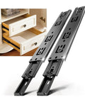 Pro Grade Full Extension Drawer Slides Bottom Mount Cabinet Hardware Dead Smooth Roll Design Heavy Duty Pair displayed next to drawers.