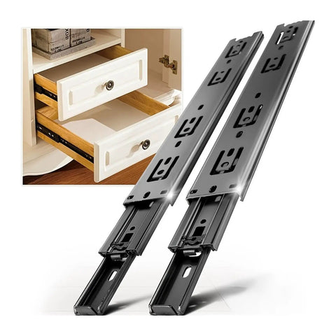 Pro Grade Full Extension Drawer Slides Bottom Mount Cabinet Hardware Dead Smooth Roll Design Heavy Duty Pair displayed next to drawers.