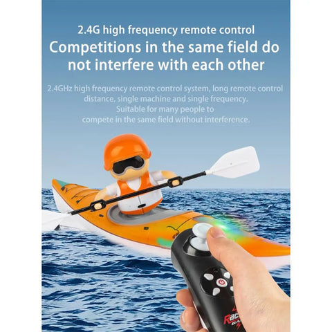 Rad Remote Control Boat For Pool And Lake, 2.4GHz paddling RC kayak with anti-capsize design, shown with remote controller in use