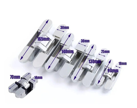 Adjustable Zinc Alloy 180 Degree Hidden Concealed Door Hinge with various sizes shown, ideal for tight fit and smooth swing