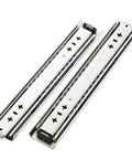 Heavy Duty Three Rail Drawer Slides With Soft Close Ball Bearing Runners Glide Like Butter Smoothly For Rv Setup 53 Mm Wide 40 Inch self locking cold rolled steel tracks shown from the side.