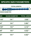 JOERIC blue masonry drill bit set size chart showing 1/4" shank and total length 3.85" to 4.52"