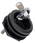 Anchor Handle Lock for Boat Lids Black No Fuss Install Waterproof With Stainless Steel Stem Fits Aluminum Fiberglass And Carpeted Surfaces Gasket Included For Smooth, Secure Mount On Marine Lids, shown with key inserted
