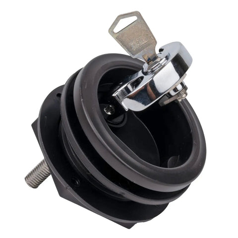 Anchor Handle Lock for Boat Lids Black No Fuss Install Waterproof With Stainless Steel Stem Fits Aluminum Fiberglass And Carpeted Surfaces Gasket Included For Smooth, Secure Mount On Marine Lids, shown with key inserted