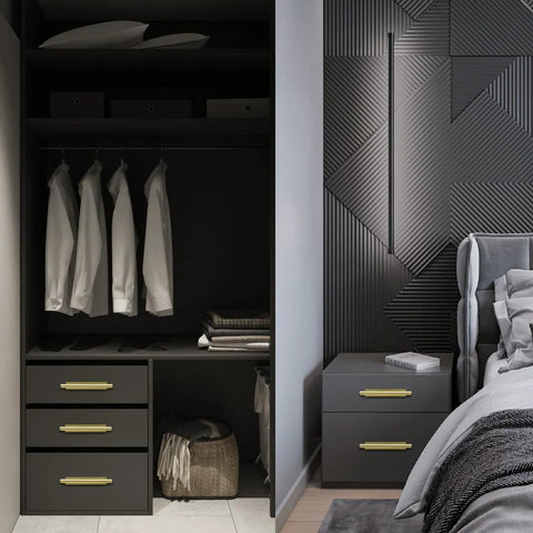 Self Stick Push Pull Cabinet Handles 8 Pack Hidden ABS Plastic Handles on Black Bedroom Wardrobe and Drawers