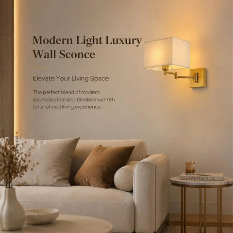 Modern Rectangular Fabric Wall Sconce,Swing Arm Wall Lamp,3 Color Lighting styled next to a sofa in a cozy living room.