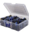 Top Notch 53 Piece Pneumatic Fitting Bundle With Quick Connect Push To Air Hose Links In 1/4 3/8 And 1/2 Inch Sizes Featuring Sturdy Zinc Alloy Elbows Tees And Straight Adapters For Heavy Duty Industrial Plumbing Jobs That Need Zero Leaks And Serious. open case of pneumatic push-fit hose fittings in black and blue