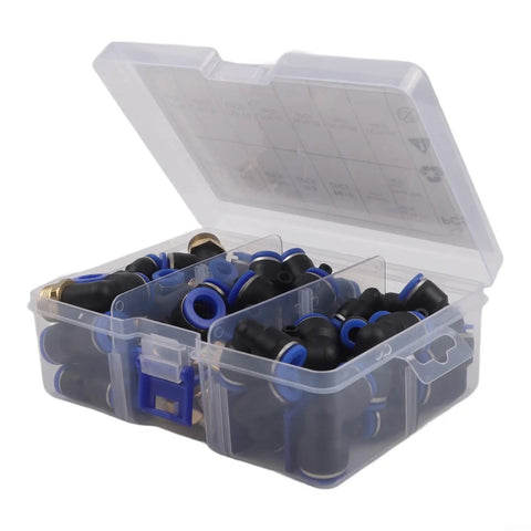 Top Notch 53 Piece Pneumatic Fitting Bundle With Quick Connect Push To Air Hose Links In 1/4 3/8 And 1/2 Inch Sizes Featuring Sturdy Zinc Alloy Elbows Tees And Straight Adapters For Heavy Duty Industrial Plumbing Jobs That Need Zero Leaks And Serious. open case of pneumatic push-fit hose fittings in black and blue