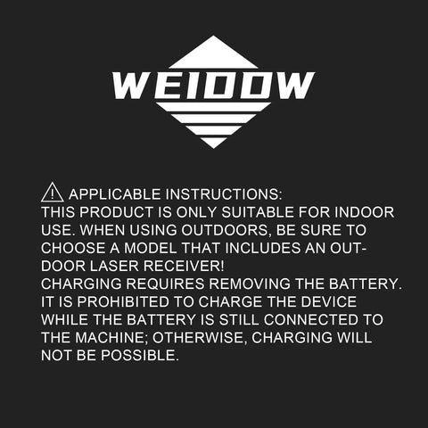 WARNING label for indoor use only and battery charging instructions on a laser level tool packaging.