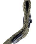 Close-up of US WWII M1 Carbine Web Sling 1 Inch Canvas Rifle Sling OD Green Reproduction showing lift-the-dot closure and steel end tabs