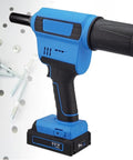 Pro Grade Heavy Hitter Cordless Rivet Gun With 20V Brushless Motor And Auto Recoil resting on a battery against a pegboard.