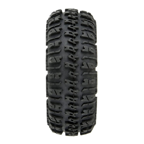 Front view of Trencher Front And Rear 1 To 24 Scale RC Tire Set With 2.25 Inch Tall Bead-Loc Black Impulse 4 Wheels.