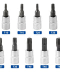 Torx Bit Socket Set One Quarter Inch Drive With Nine Pieces T10 Through T50 S2 Alloy Steel Bits And Chrome Vanadium Drive Sockets