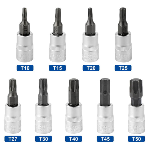 Torx Bit Socket Set One Quarter Inch Drive With Nine Pieces T10 Through T50 S2 Alloy Steel Bits And Chrome Vanadium Drive Sockets