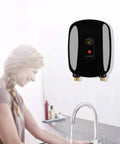Slick Wall Mounted Tankless Electric Hot Water Heater Featuring Heavy Duty 3000W Coils For Rapid Instant Warm Water in kitchen.