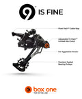 9 X-Wide Rear Derailleur For Mountain Bikes With Rugged Hanger Non Direct Mount Gloss Onyx Black Finish Sealed Bearing Pulleys Featuring 3D Forged Linkages Carbon Nylon Knuckle Pivot Tech Cable Stay Tri Pack Clutch on white background
