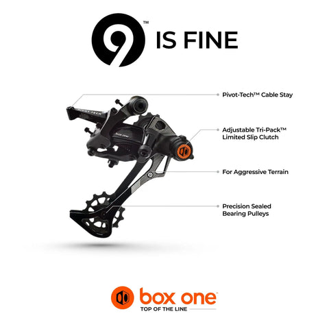 9 X-Wide Rear Derailleur For Mountain Bikes With Rugged Hanger Non Direct Mount Gloss Onyx Black Finish Sealed Bearing Pulleys Featuring 3D Forged Linkages Carbon Nylon Knuckle Pivot Tech Cable Stay Tri Pack Clutch on white background