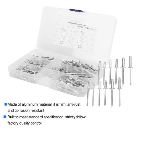 Open plastic case with Aluminum Blind Rivet Kit 120 Pieces, Anti Rust Marine Fasteners For Yachts And Boats, Industrial Equipment, Easy Install And Secure Seams, Durable Marine Grade Rivets For Repairs And New Builds, assorted sizes