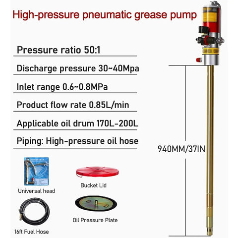 Heavy Lifter Pneumatic Grease Pump Sized For Stock 55 Gallon Containers With A Flexible 16ft Delivery Tube And A Trusty 50 To 1 Pressure Boost Tailored For Shed Builders And Dock Hands