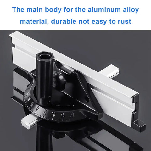 Heavy Duty Aluminum Miter Gauge Fence System With Quick Grip Push Block And Angle Plate Ruler For Table Saw detailed view of angle plate and grip.