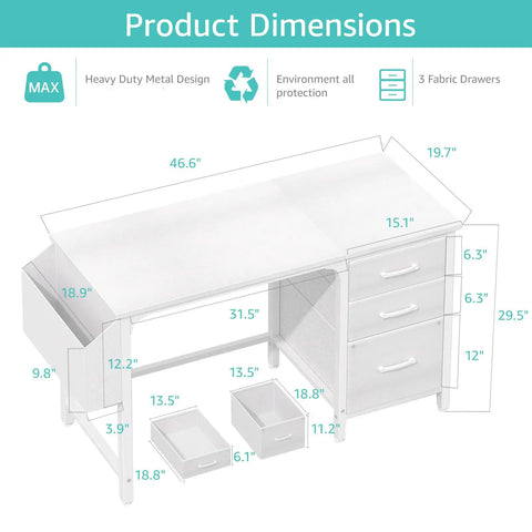White 47 Inch Computer Desk With Fabric Filing Cabinet And Reversible Layout dimensions and drawer sizes chart