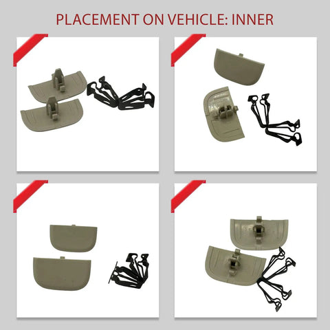 Two Pack Sun Visor Clip Retainer Covers And Trim Screws Replacement Kit For Ford Edge 2015 To 2024 Fusion 2013 To 2016 Lincoln MKZ Light Gray Tan Finish multiple angles.