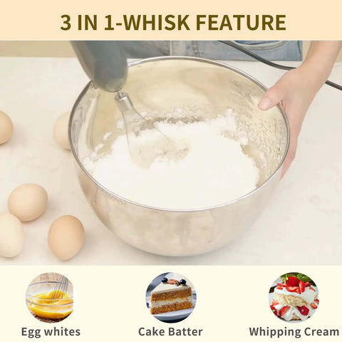 Heavy Duty Handheld Immersion Blender With 300 Watt Motor And Ultra Quiet Operation blending egg whites in stainless steel bowl.