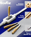 Close-up of All In One 86 Piece Tap And Die Set With Titanium Coated Tools showing tap wrench and titanium-coated taps