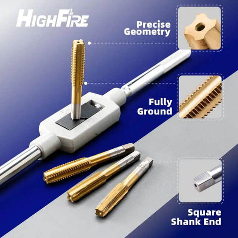 Close-up of All In One 86 Piece Tap And Die Set With Titanium Coated Tools showing tap wrench and titanium-coated taps