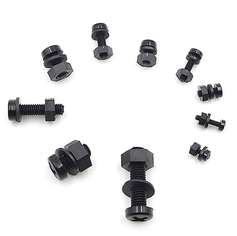 Metric M2 M2.5 M3 M4 M5 Nylon Phillips Pan Head Screws Nuts And Washers Assortment Kit Black 510 Piece Set arranged in a circle