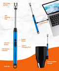 Blue USB arc lighter with 360-degree rotating rod and Type-C charging, shown near a laptop