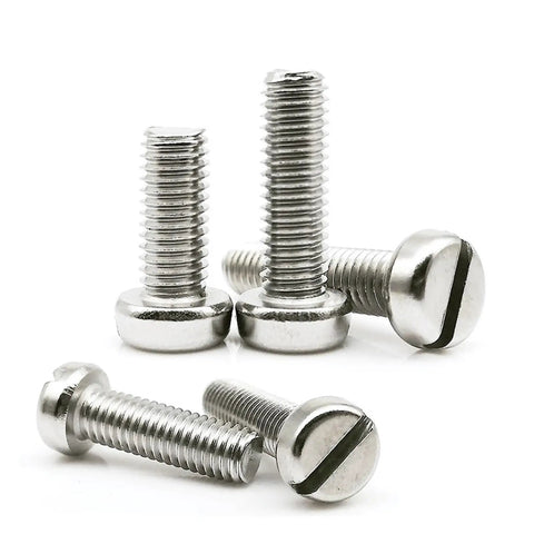 Top Shelf 304 Stainless Steel Cheese Head Machine Screws Slotted Drive For Woodworking Diy Projects Built Tough Pack Twenty Metric Sizes M1.6 Through M6 10Mm Length Real Deal Hardware, four screws displayed.