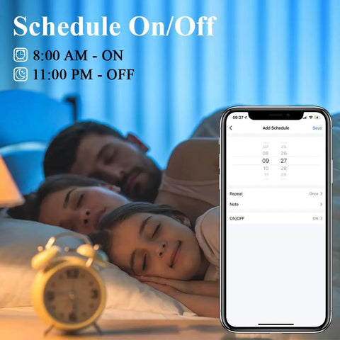 Family sleeping with phone app displaying schedule feature for 6 Inch Smart Recessed LED Can Lights with WiFi App and Remote.