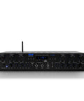 Front view of Beefy 600W 6 Channel Home Audio Amplifier For PA And Karaoke With Mic Talkover Headphone Jack Mic In USB SD AUX RCA FM Radio And Multi Speaker Support For Home Theater, showing controls and inputs.
