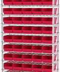 Heavy Duty Red Plastic Shelf Bins 12 Pack For Garage Closet And Drawer Organization 12 By Six Point Five By Four Inches Fits 12 18 And 24 Inch Shelves Sturdy Stackable Bins Ideal For Garage Cabinets Drawers And Workbenches stacked on metal shelving unit