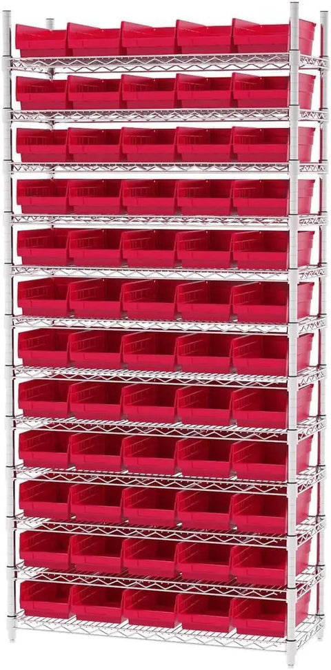 Heavy Duty Red Plastic Shelf Bins 12 Pack For Garage Closet And Drawer Organization 12 By Six Point Five By Four Inches Fits 12 18 And 24 Inch Shelves Sturdy Stackable Bins Ideal For Garage Cabinets Drawers And Workbenches stacked on metal shelving unit