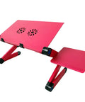 Premium Aluminum Laptop Bed Tray With Adjustable Angled Legs And Cooling Radiating Vents in pink with laptop cooling vents and foldable legs.