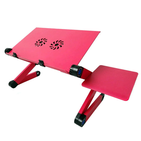 Premium Aluminum Laptop Bed Tray With Adjustable Angled Legs And Cooling Radiating Vents in pink with laptop cooling vents and foldable legs.