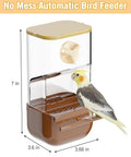 Slick Automatic Bird Feeder With Sturdy Perch And Transparent Seed Bin Keeping a parakeet fed, dimensions 3.66 x 3.6 x 7 inches.