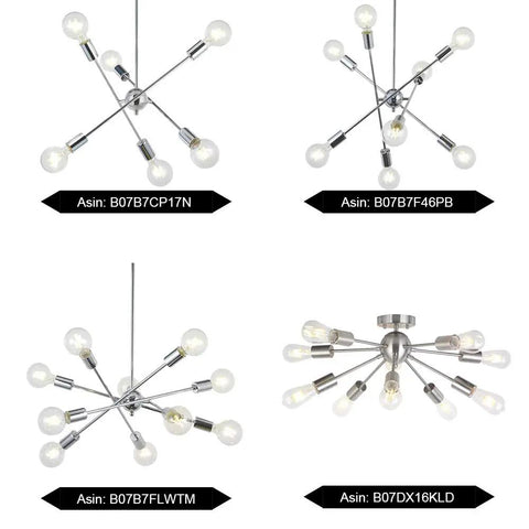 Image of four chrome pendant chandeliers, each with six light arms, showcasing the Six Light Sputnik Chrome Pendant Chandelier for kitchen and dining.
