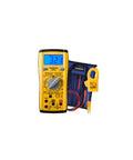 Old School Style Digital Multimeter with 1400F, 200MFD, Flame Diode Test next to test leads and clamp, blue screen display