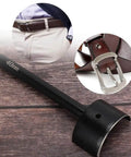 Half Round Leather Punch Cutter 40mm Semicircle Punch Tool for belt ends and edges on wooden surface with close-ups of belts
