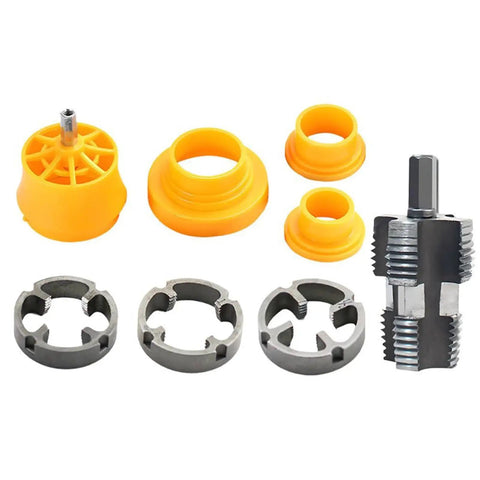Khbyt Electric Drill Pvc Pipe Threader Kit With 3 Abs Dies for home renovation includes ABS tap dies and metal threader.