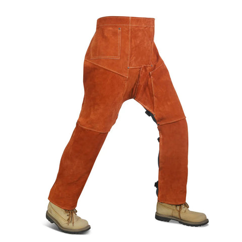 Side view of Split Leather Welding Pants With Heat And Flame Resistant Safety Leg Protection For Men And Women, Adjustable M-XXXL, brown
